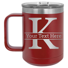 Personalized maroon 15 oz vacuum insulated coffee mug with 'Monogram letter K' design