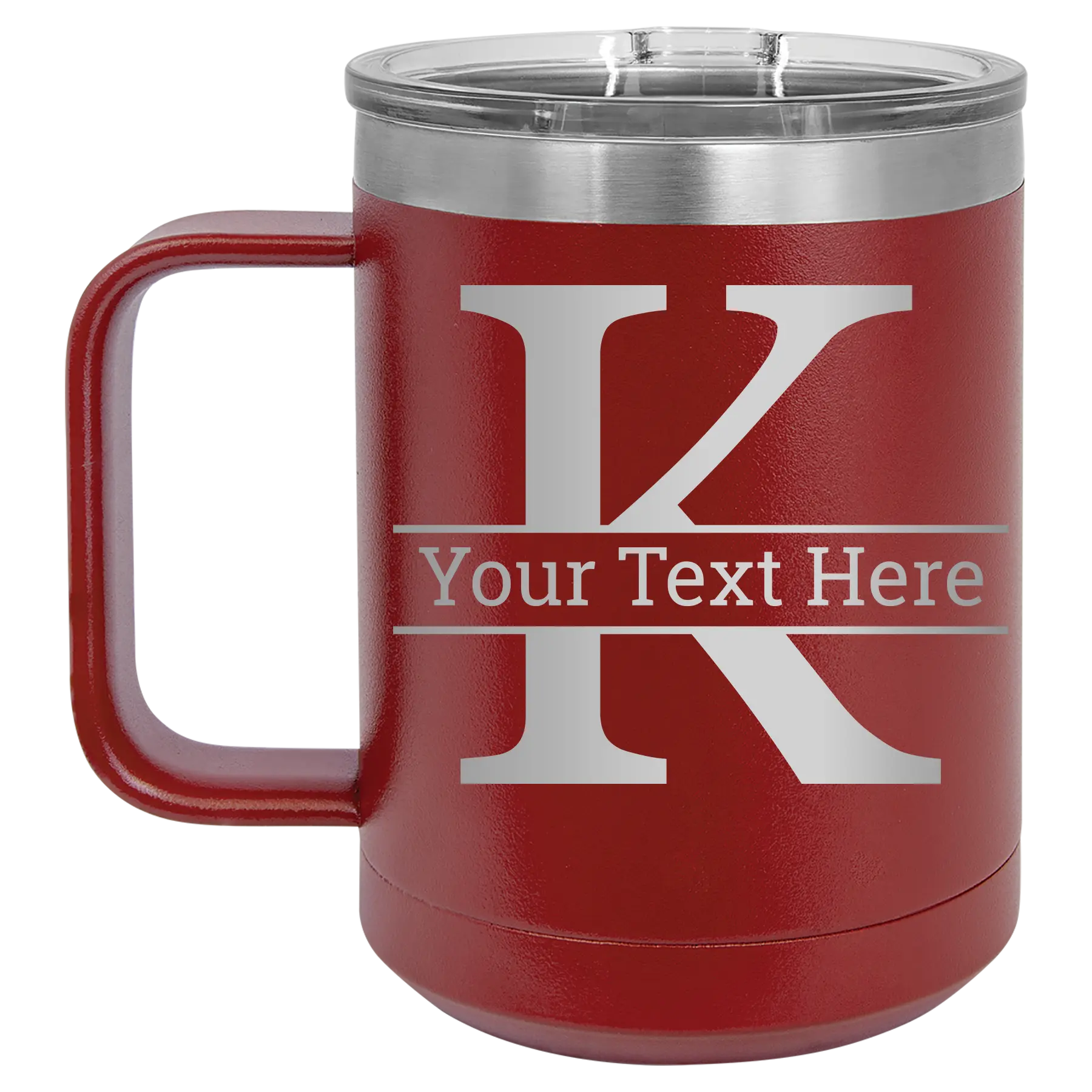 Personalized maroon 15 oz vacuum insulated coffee mug with 'Monogram letter K' design