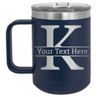 Personalized navy 15 oz vacuum insulated coffee mug with 'Monogram letter K' design