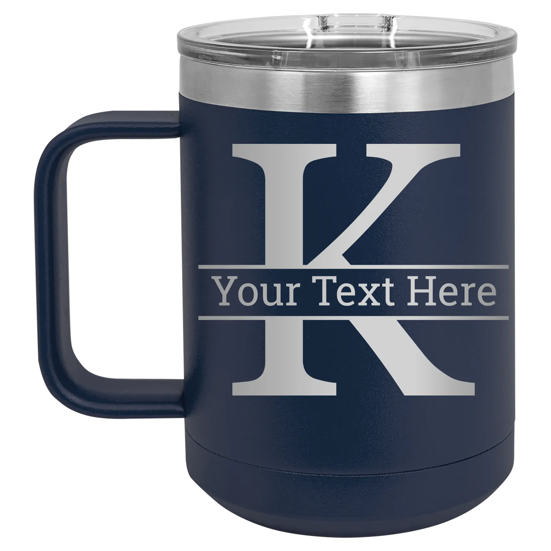 Personalized navy 15 oz vacuum insulated coffee mug with 'Monogram letter K' design