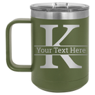 Personalized olive green 15 oz vacuum insulated coffee mug with 'Monogram letter K' design