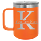 Personalized orange 15 oz vacuum insulated coffee mug with 'Monogram letter K' design