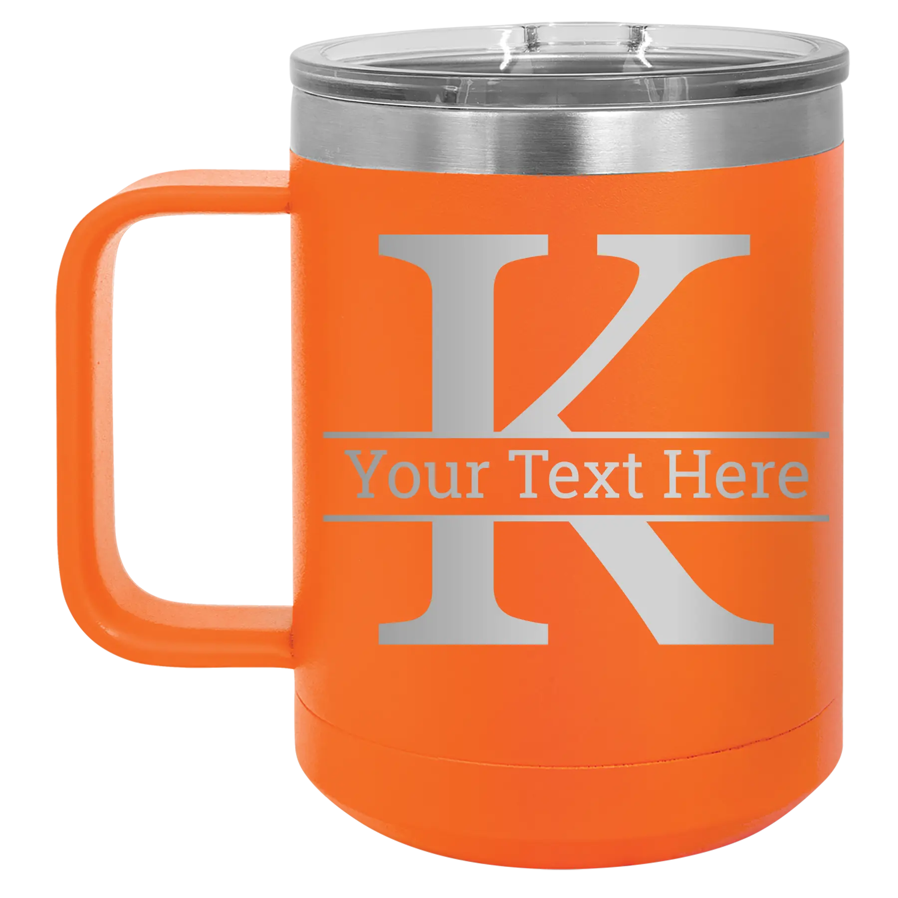 Personalized orange 15 oz vacuum insulated coffee mug with 'Monogram letter K' design