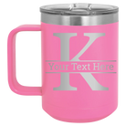 Personalized pink 15 oz vacuum insulated coffee mug with 'Monogram letter K' design