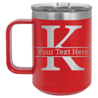Personalized red 15 oz vacuum insulated coffee mug with 'Monogram letter K' design