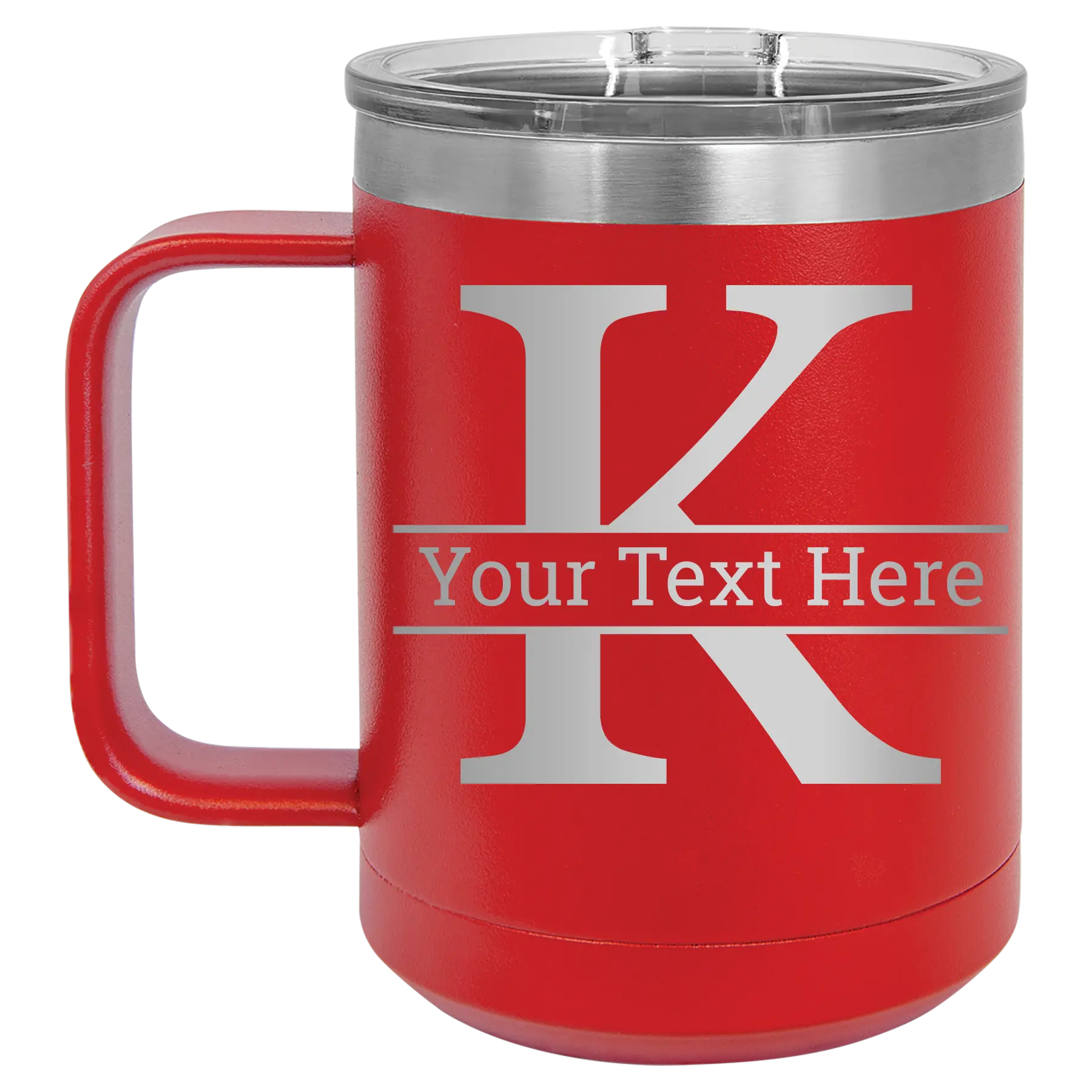 Personalized red 15 oz vacuum insulated coffee mug with 'Monogram letter K' design