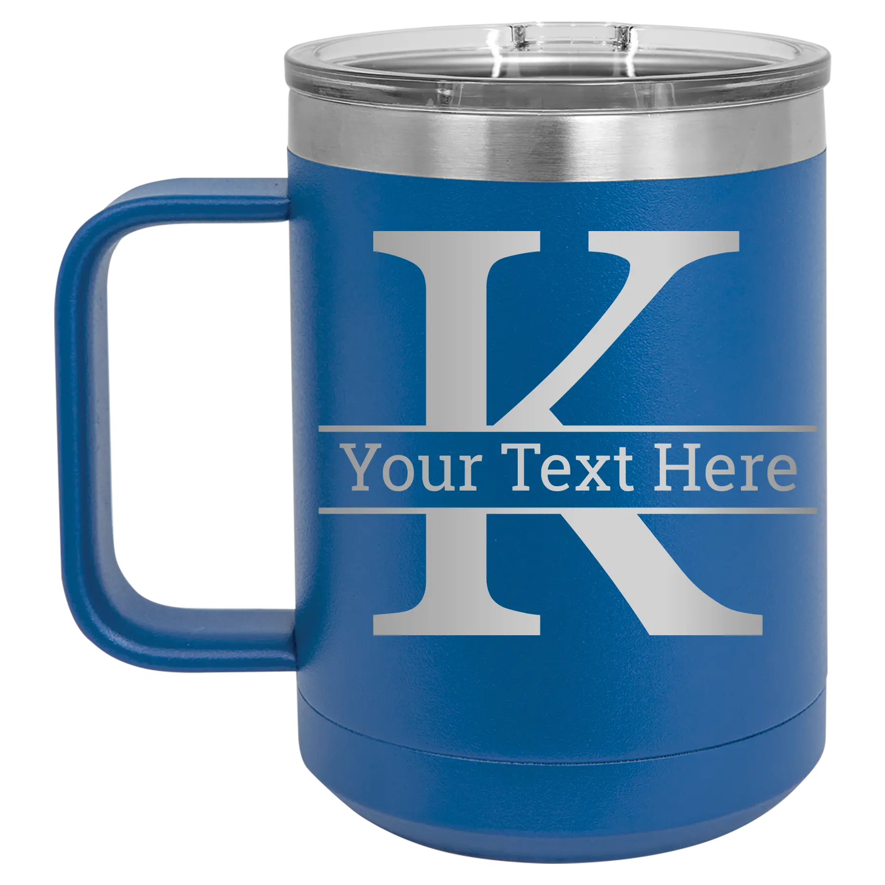 Personalized royal blue 15 oz vacuum insulated coffee mug with 'Monogram letter K' design