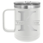 Personalized white 15 oz vacuum insulated coffee mug with 'Monogram letter K' design