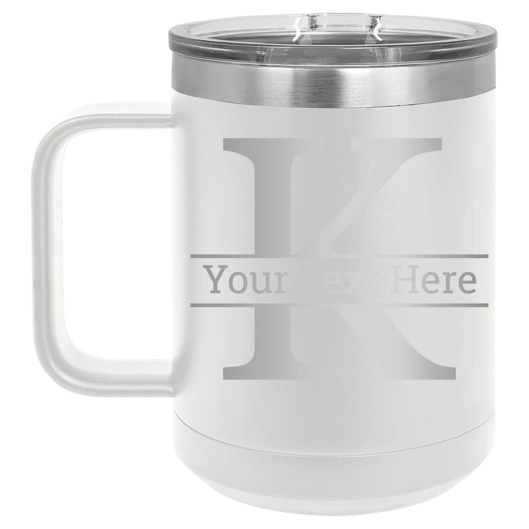 Personalized white 15 oz vacuum insulated coffee mug with 'Monogram letter K' design