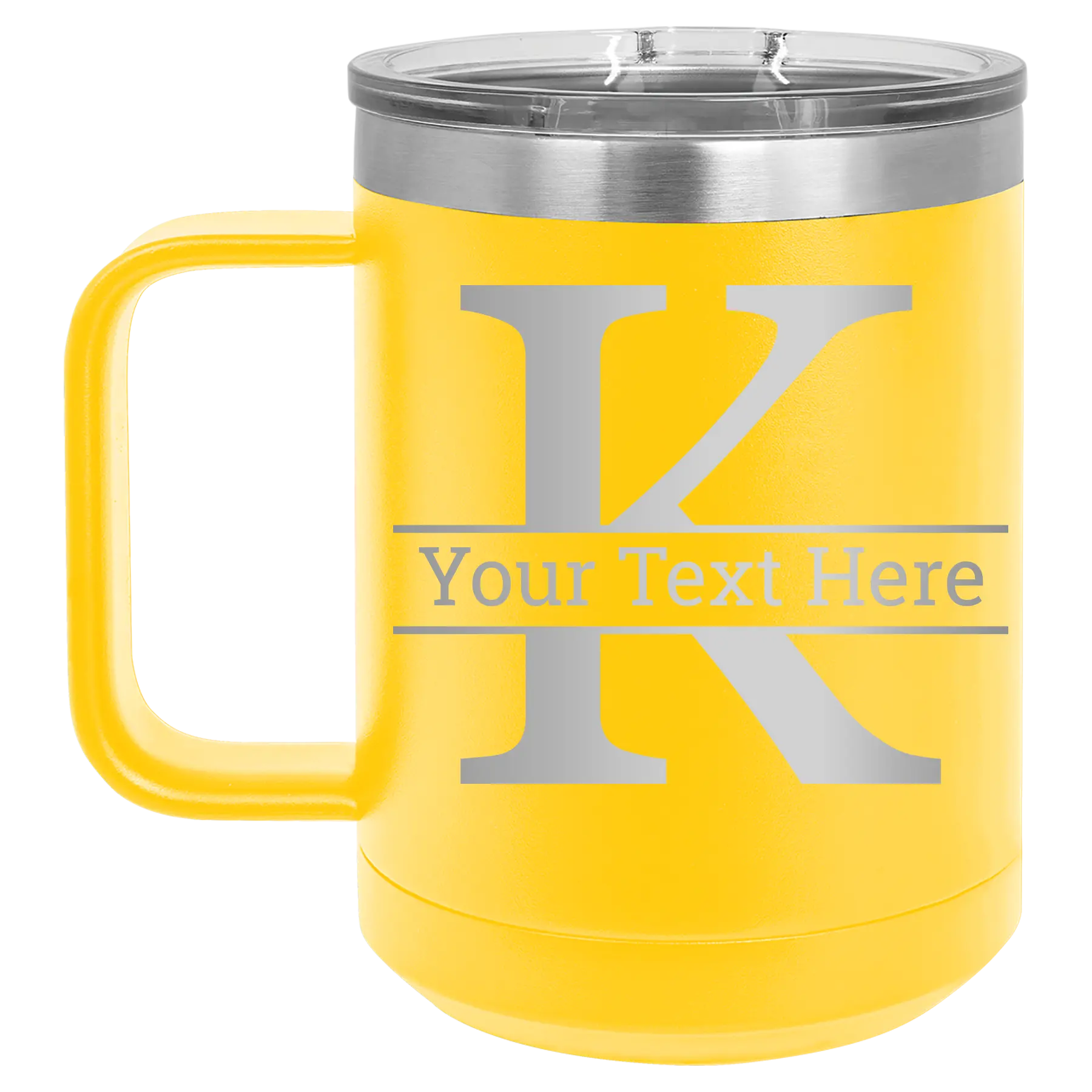 Personalized yellow 15 oz vacuum insulated coffee mug with 'Monogram letter K' design