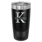 Personalized black 20 oz vacuum insulated tumbler with 'Monogram letter K' design