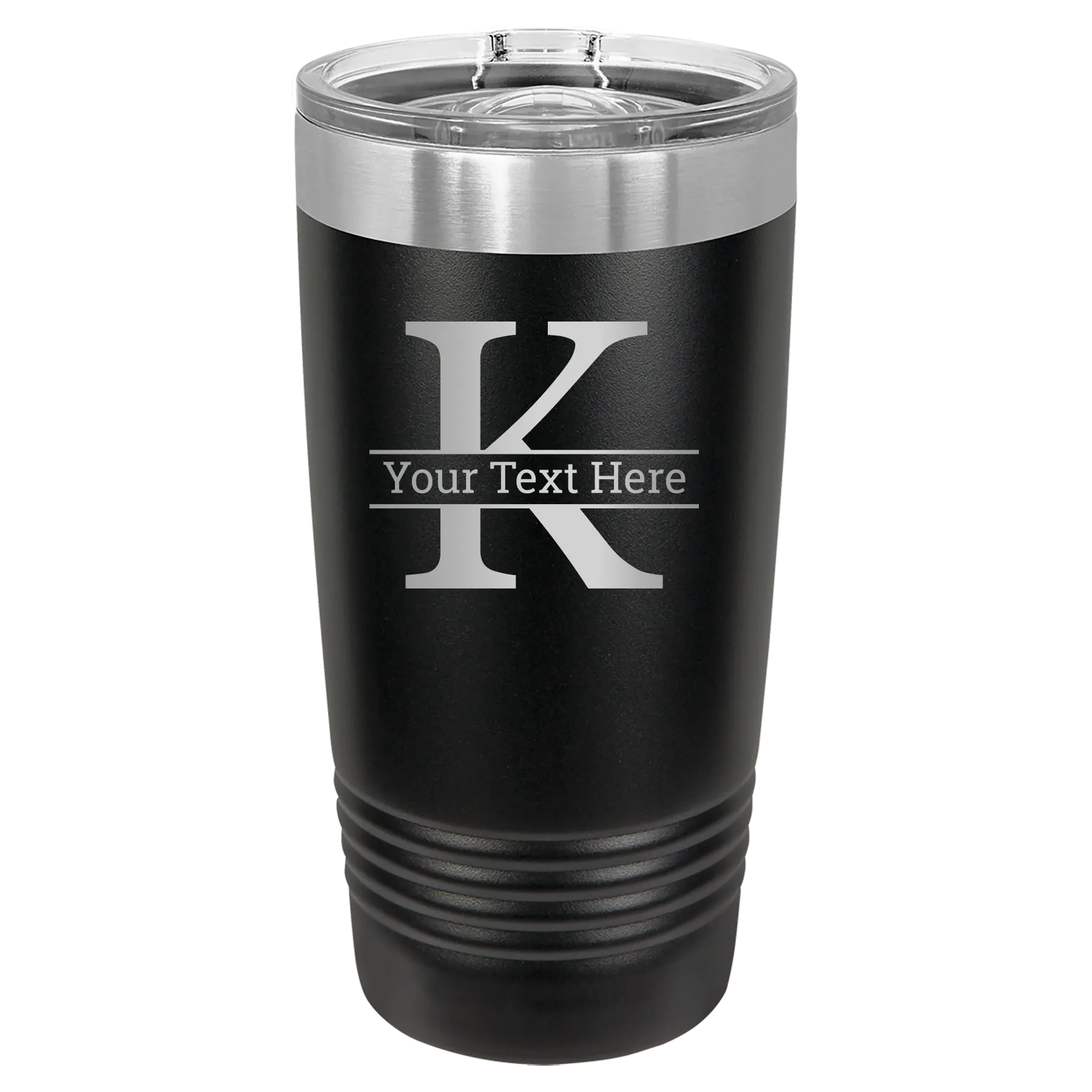 Personalized black 20 oz vacuum insulated tumbler with 'Monogram letter K' design