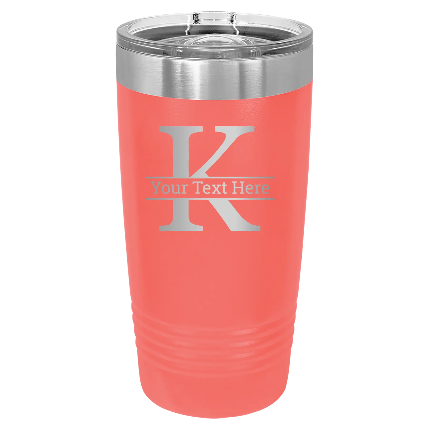 Personalized coral 20 oz vacuum insulated tumbler with 'Monogram letter K' design