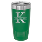 Personalized green 20 oz vacuum insulated tumbler with 'Monogram letter K' design