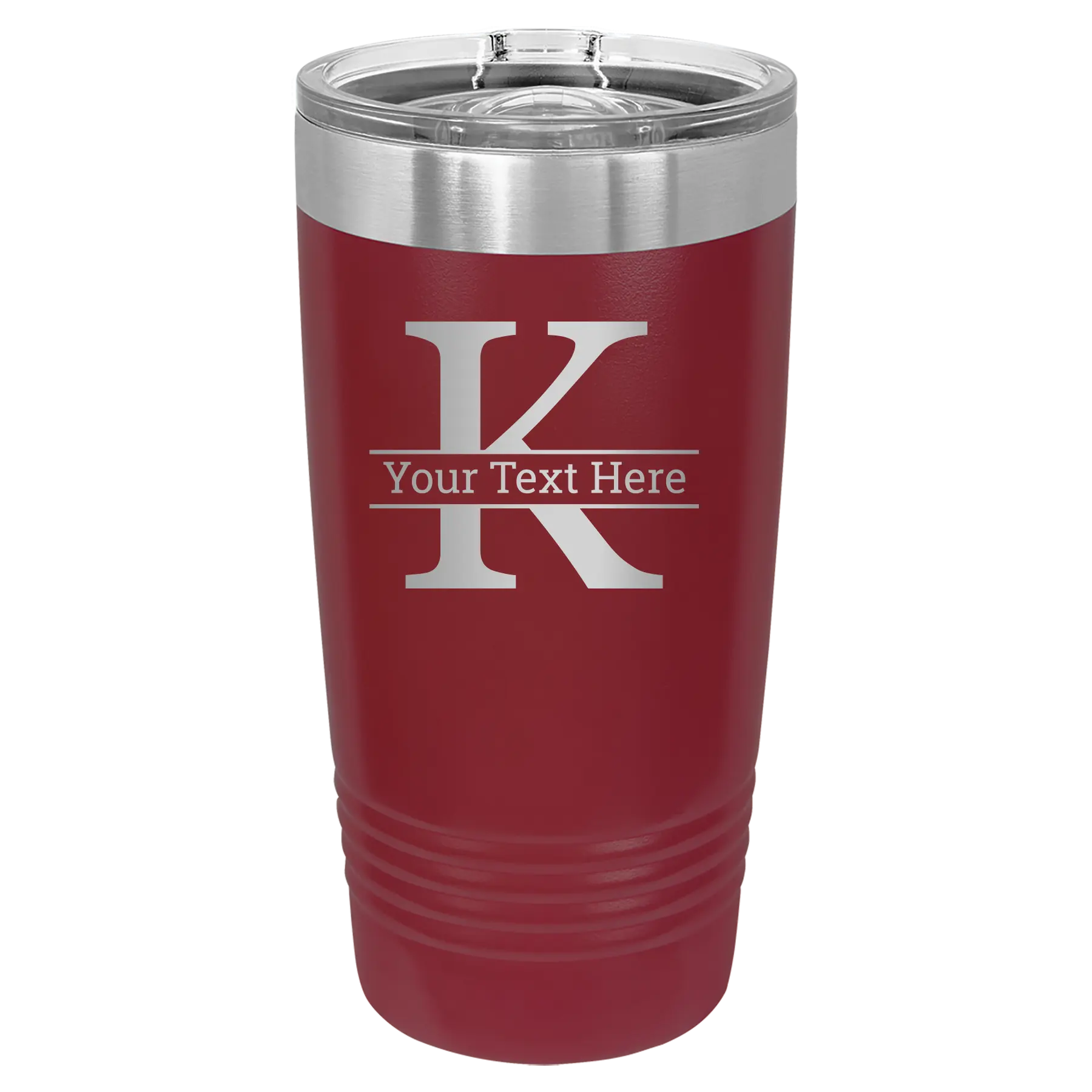 Personalized maroon 20 oz vacuum insulated tumbler with 'Monogram letter K' design