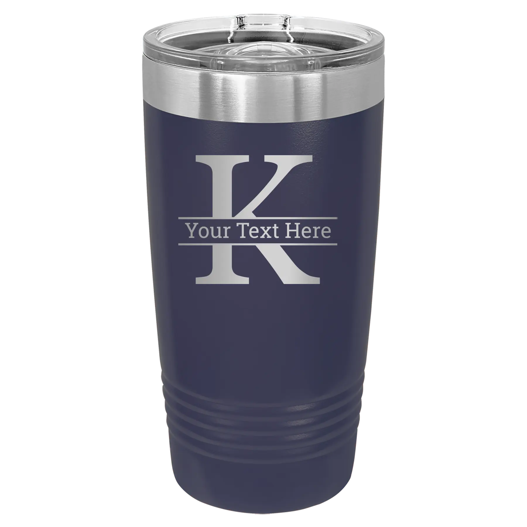 Personalized navy 20 oz vacuum insulated tumbler with 'Monogram letter K' design