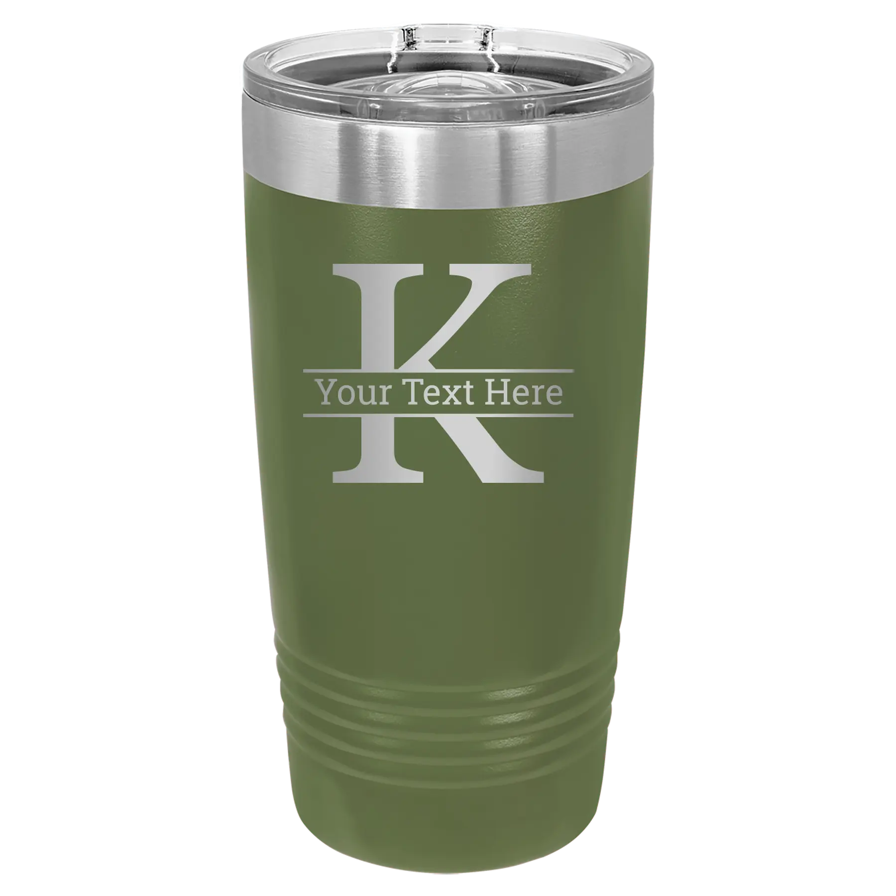 Personalized olive green 20 oz vacuum insulated tumbler with 'Monogram letter K' design