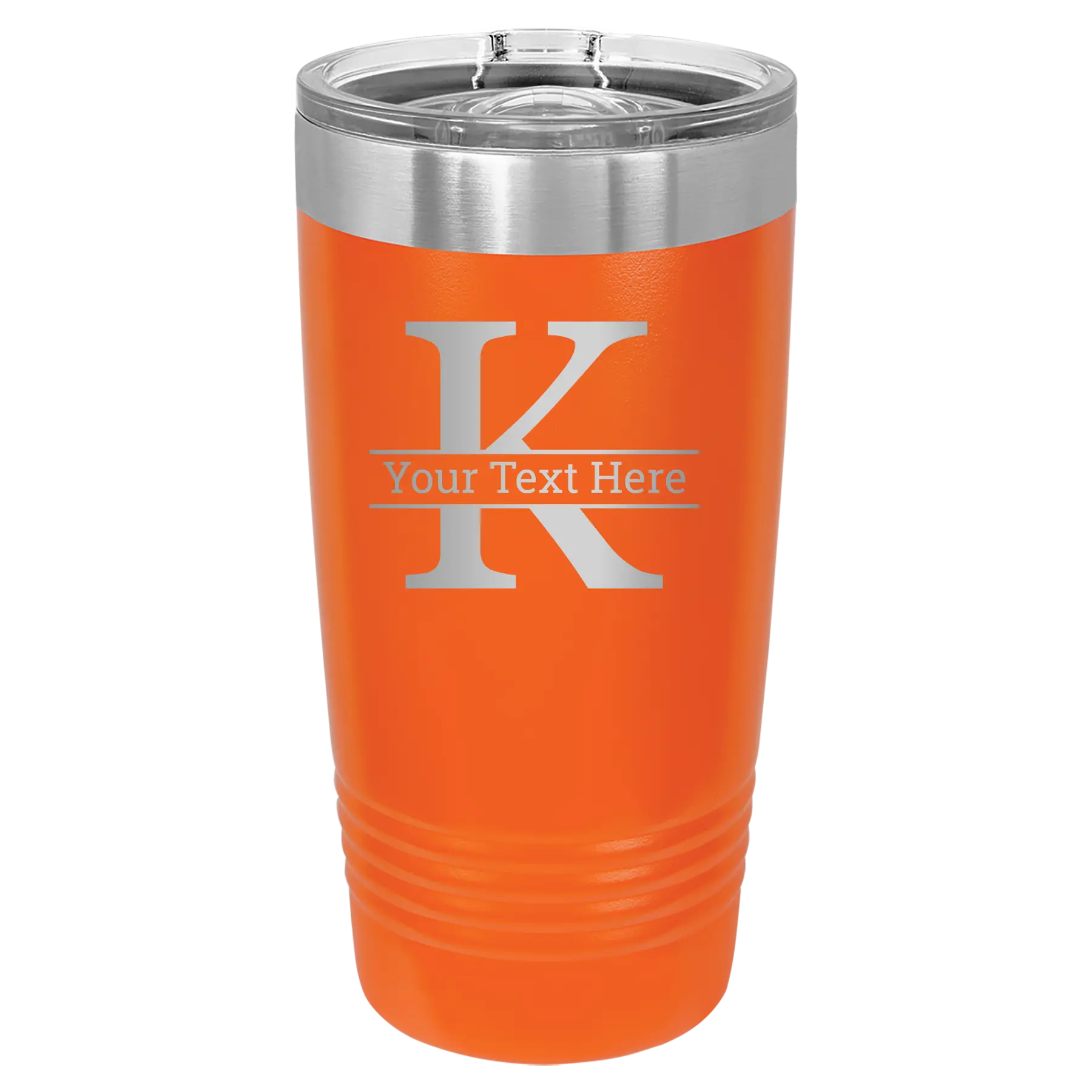 Personalized orange 20 oz vacuum insulated tumbler with 'Monogram letter K' design