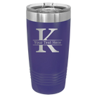 Personalized purple 20 oz vacuum insulated tumbler with 'Monogram letter K' design