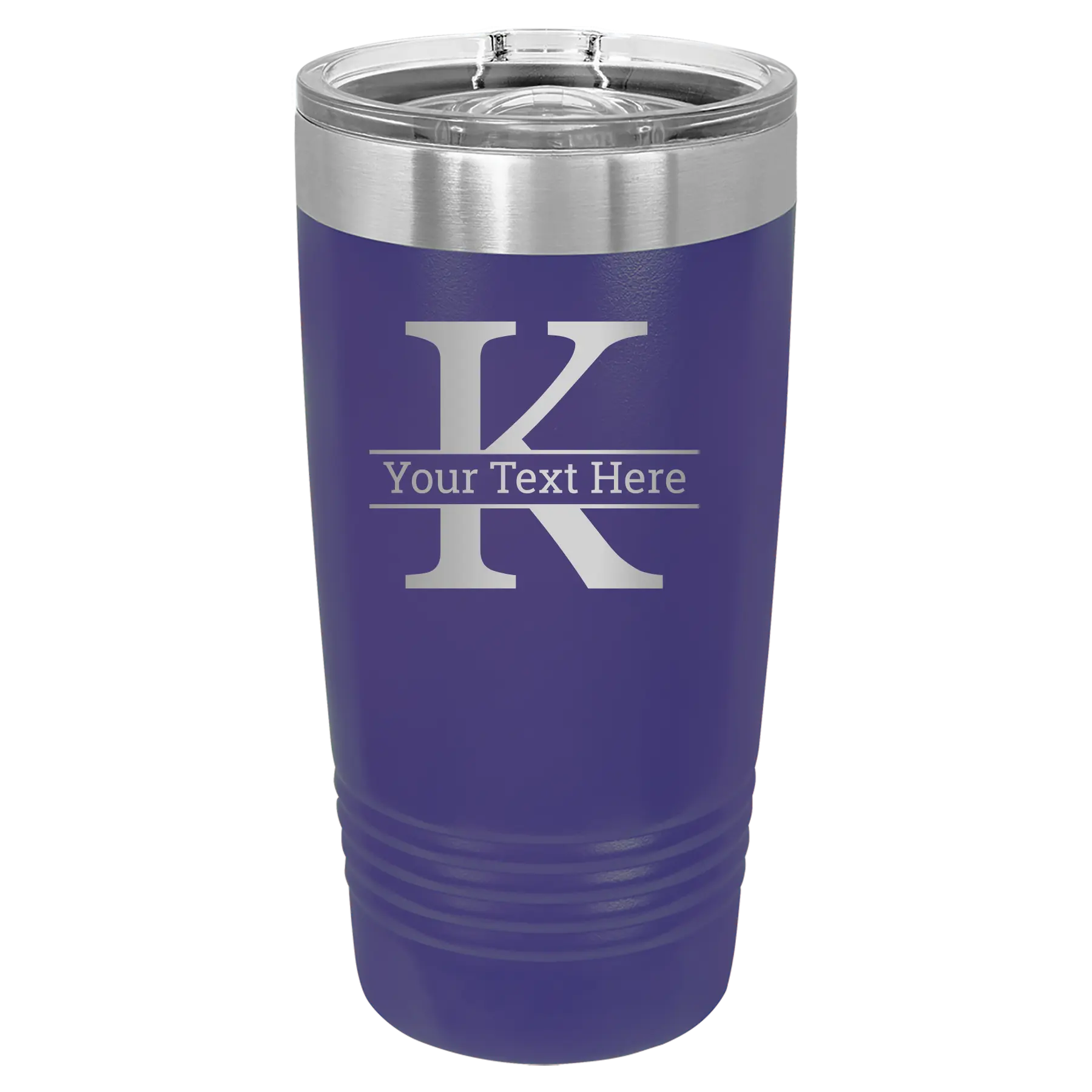 Personalized purple 20 oz vacuum insulated tumbler with 'Monogram letter K' design