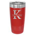 Personalized red 20 oz vacuum insulated tumbler with 'Monogram letter K' design