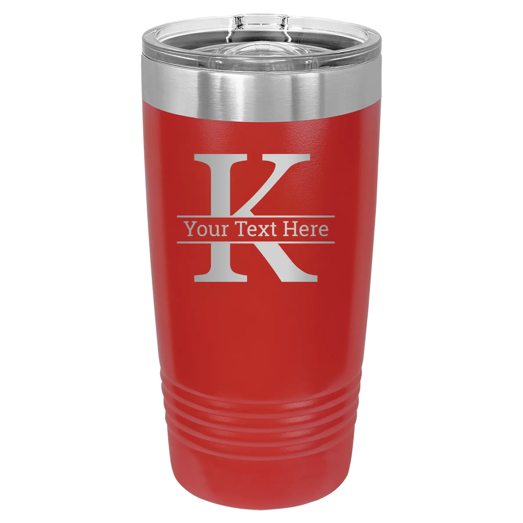 Personalized red 20 oz vacuum insulated tumbler with 'Monogram letter K' design