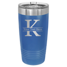 Personalized royal blue 20 oz vacuum insulated tumbler with 'Monogram letter K' design