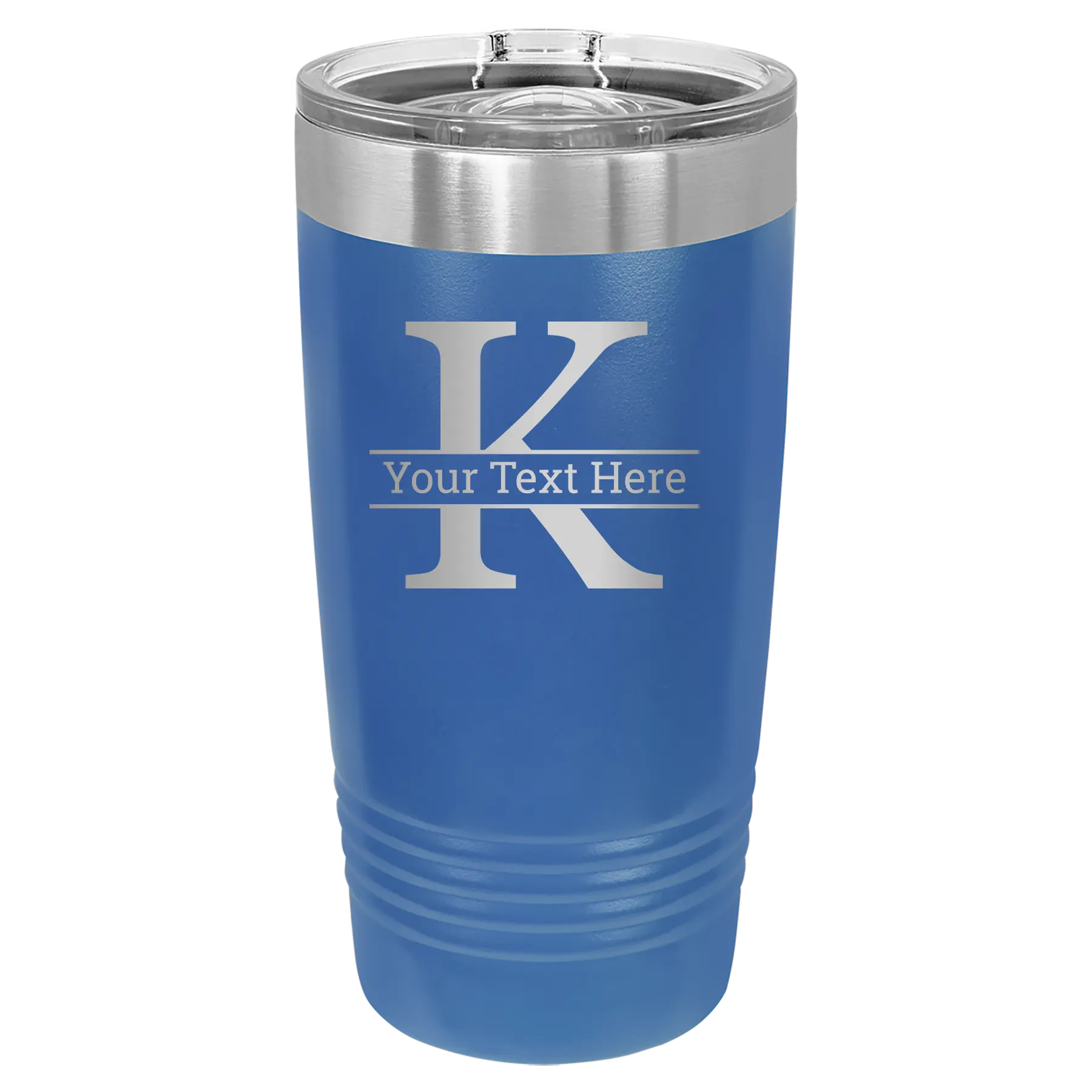 Personalized royal blue 20 oz vacuum insulated tumbler with 'Monogram letter K' design
