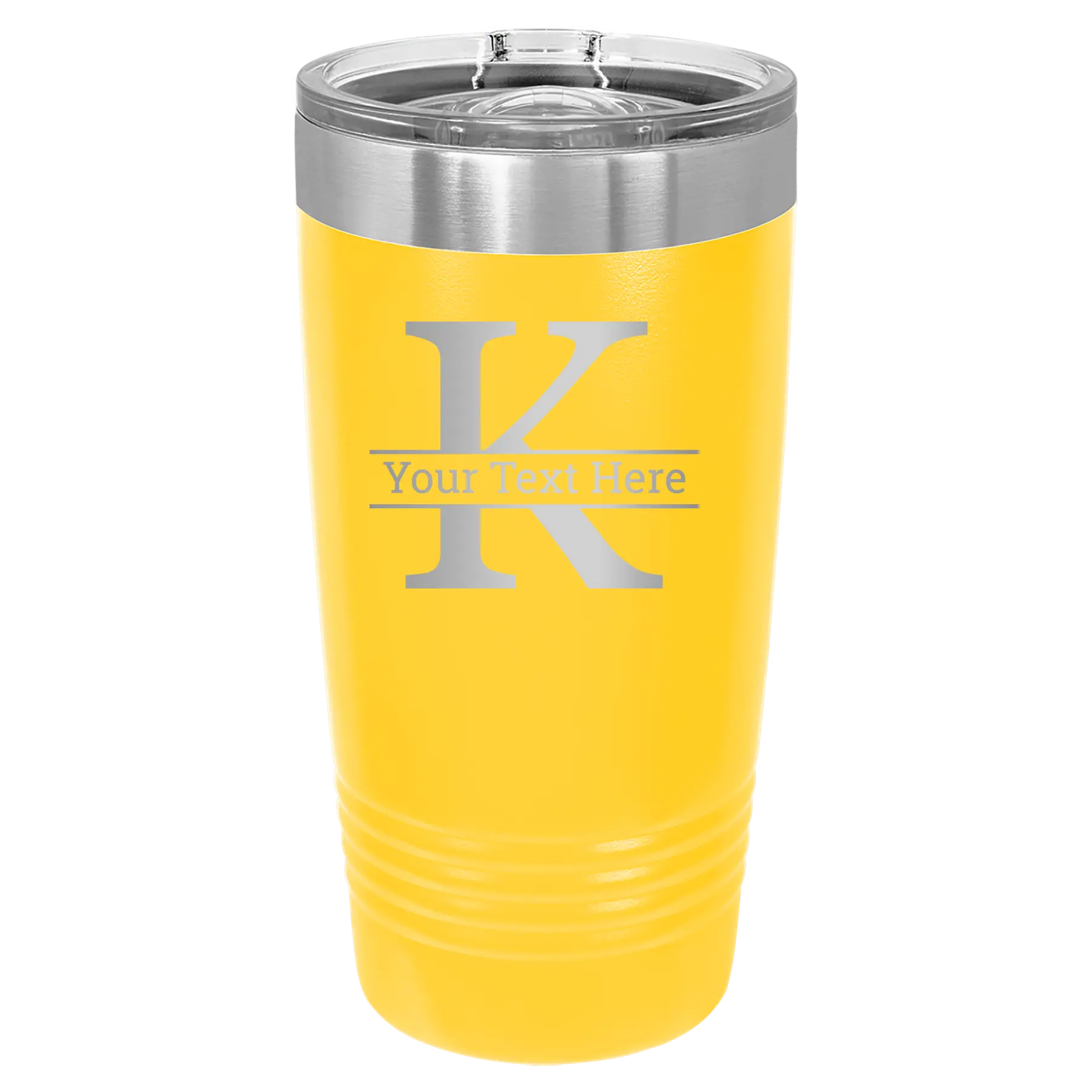 Personalized yellow 20 oz vacuum insulated tumbler with 'Monogram letter K' design