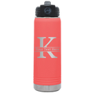 Personalized coral 20 oz vacuum insulated water bottle with 'Monogram letter K' design