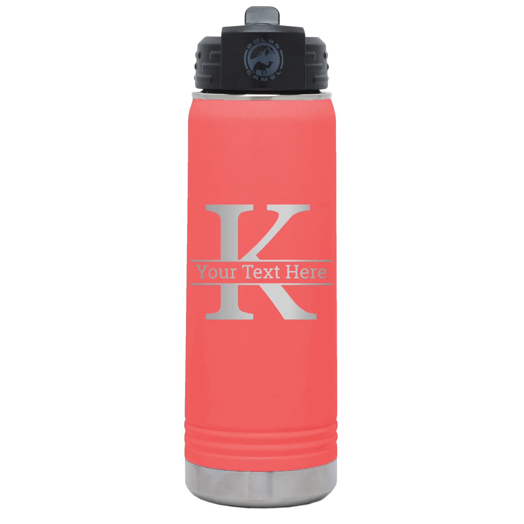 Personalized coral 20 oz vacuum insulated water bottle with 'Monogram letter K' design