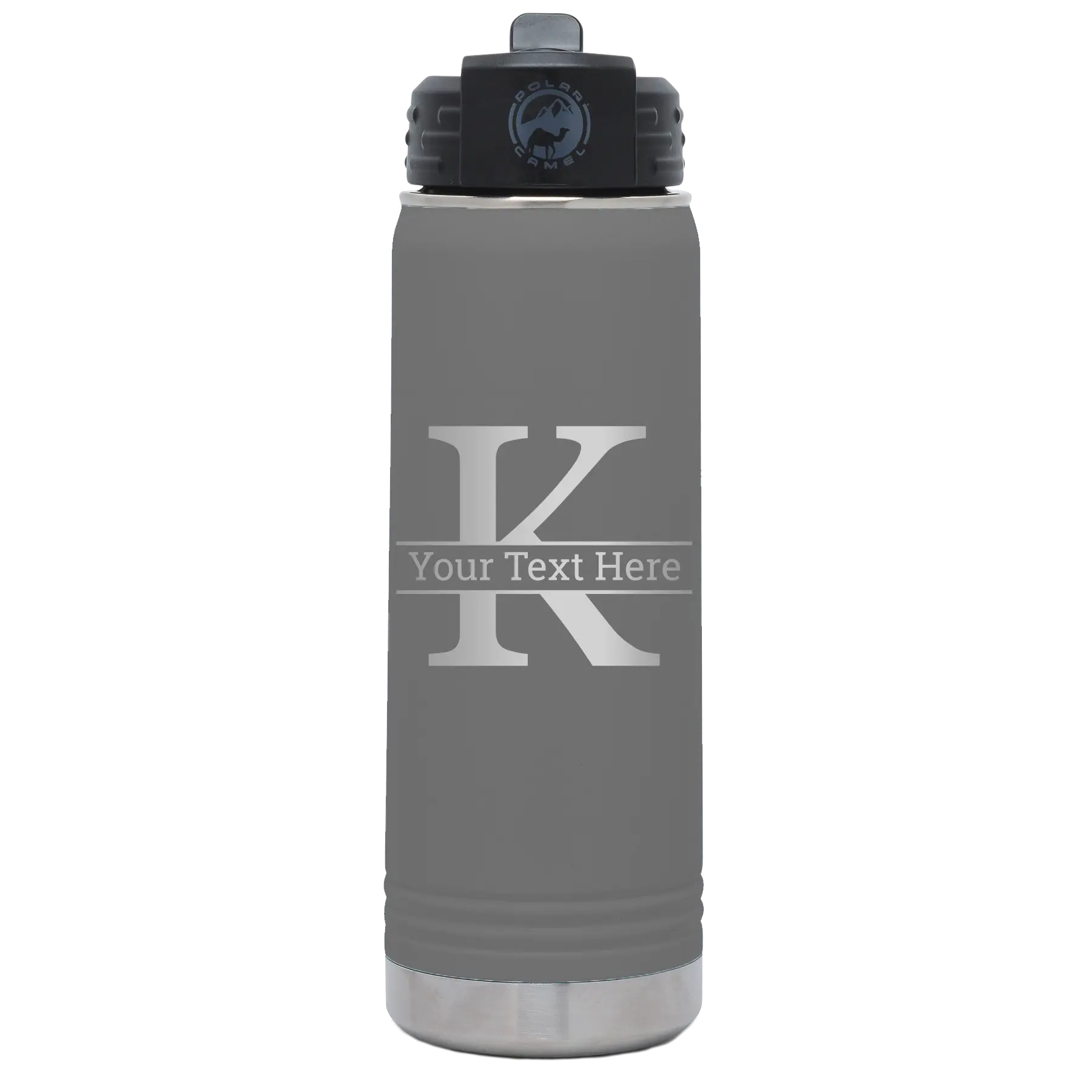 Personalized dark gray 20 oz vacuum insulated water bottle with 'Monogram letter K' design