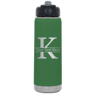 Personalized green 20 oz vacuum insulated water bottle with 'Monogram letter K' design