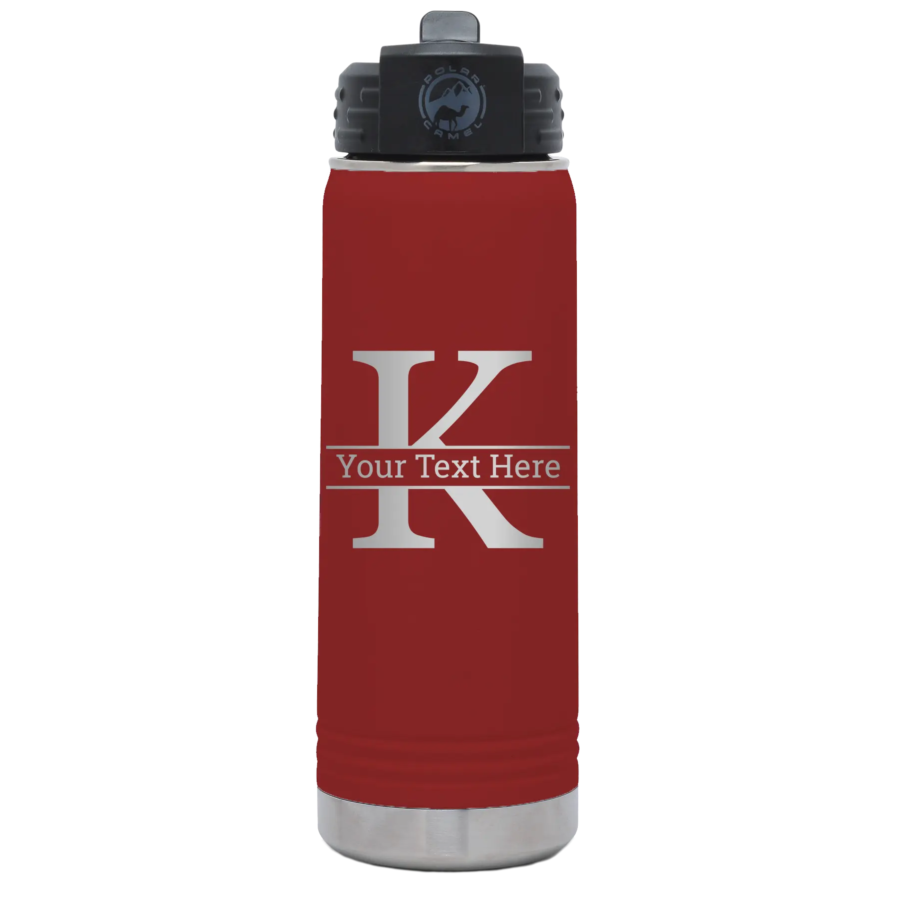 Personalized maroon 20 oz vacuum insulated water bottle with 'Monogram letter K' design