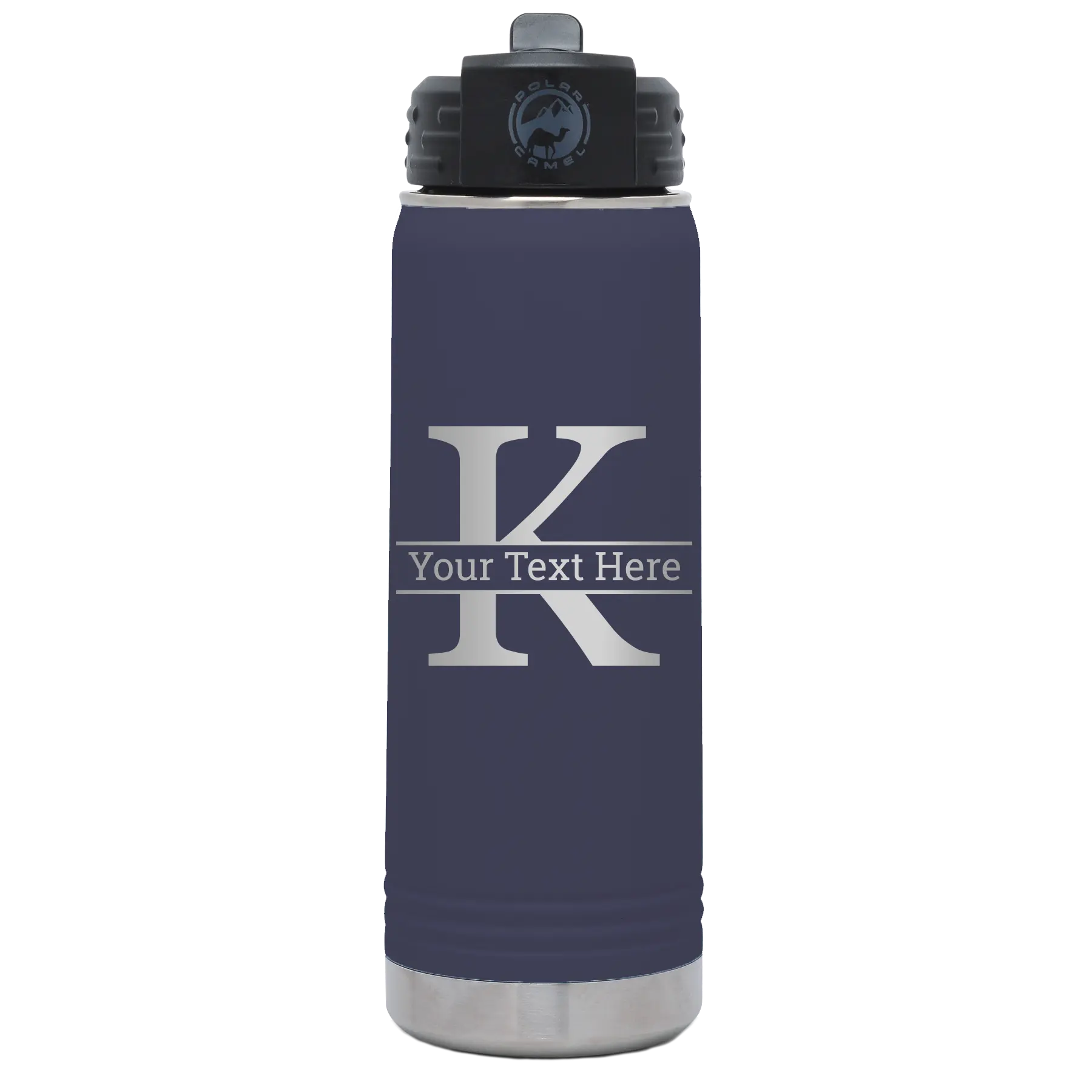 Personalized navy 20 oz vacuum insulated water bottle with 'Monogram letter K' design