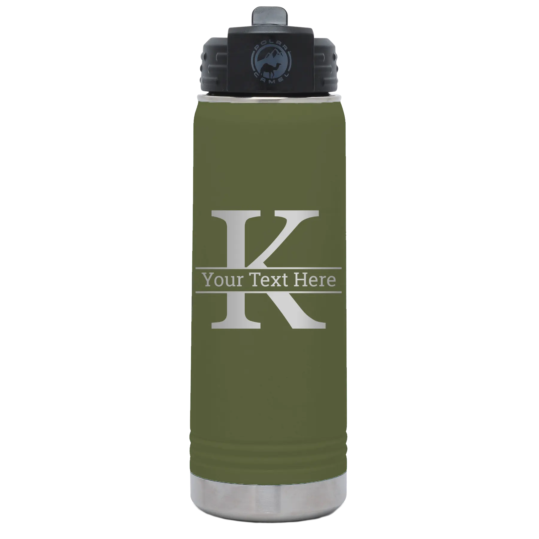 Personalized olive green 20 oz vacuum insulated water bottle with 'Monogram letter K' design