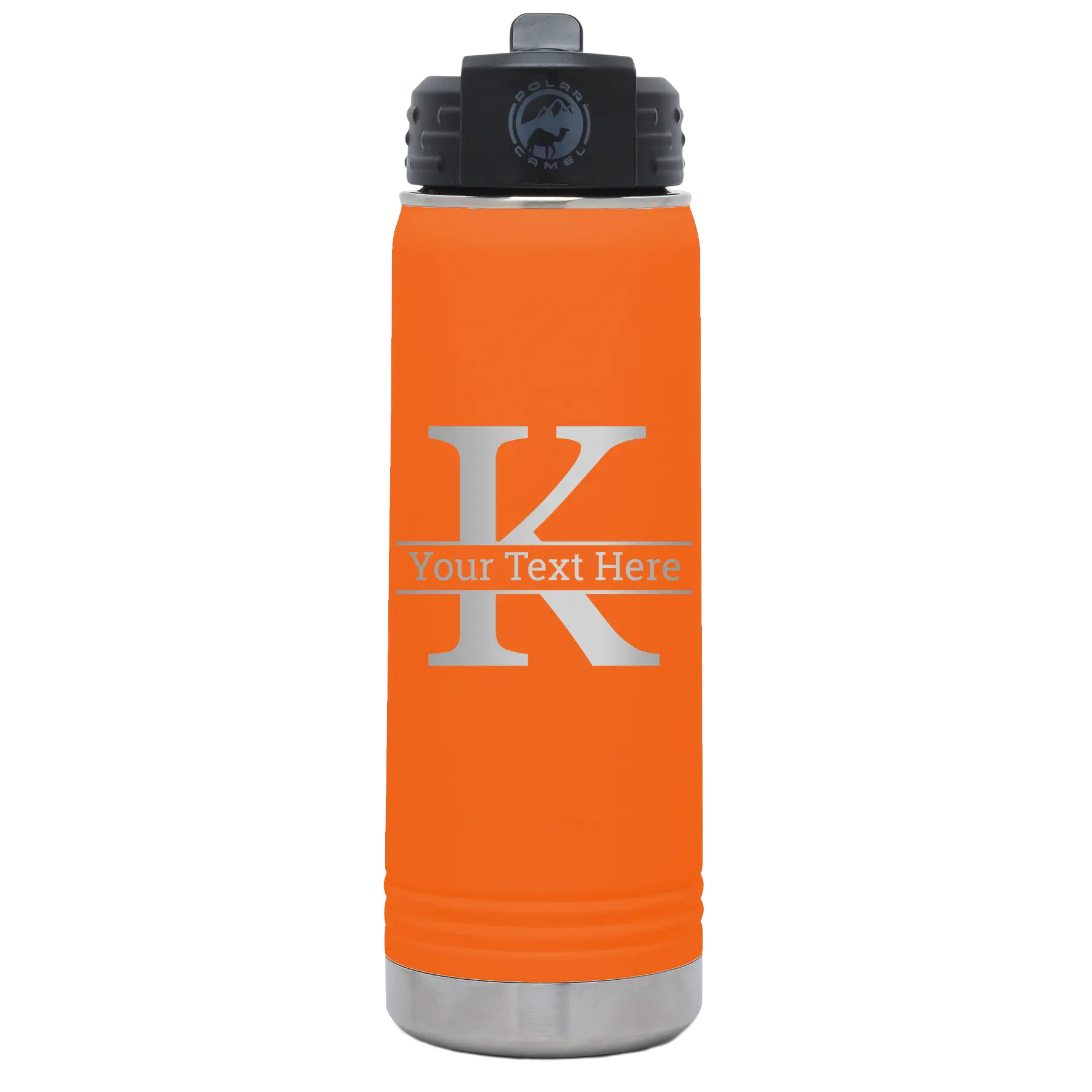 Personalized orange 20 oz vacuum insulated water bottle with 'Monogram letter K' design