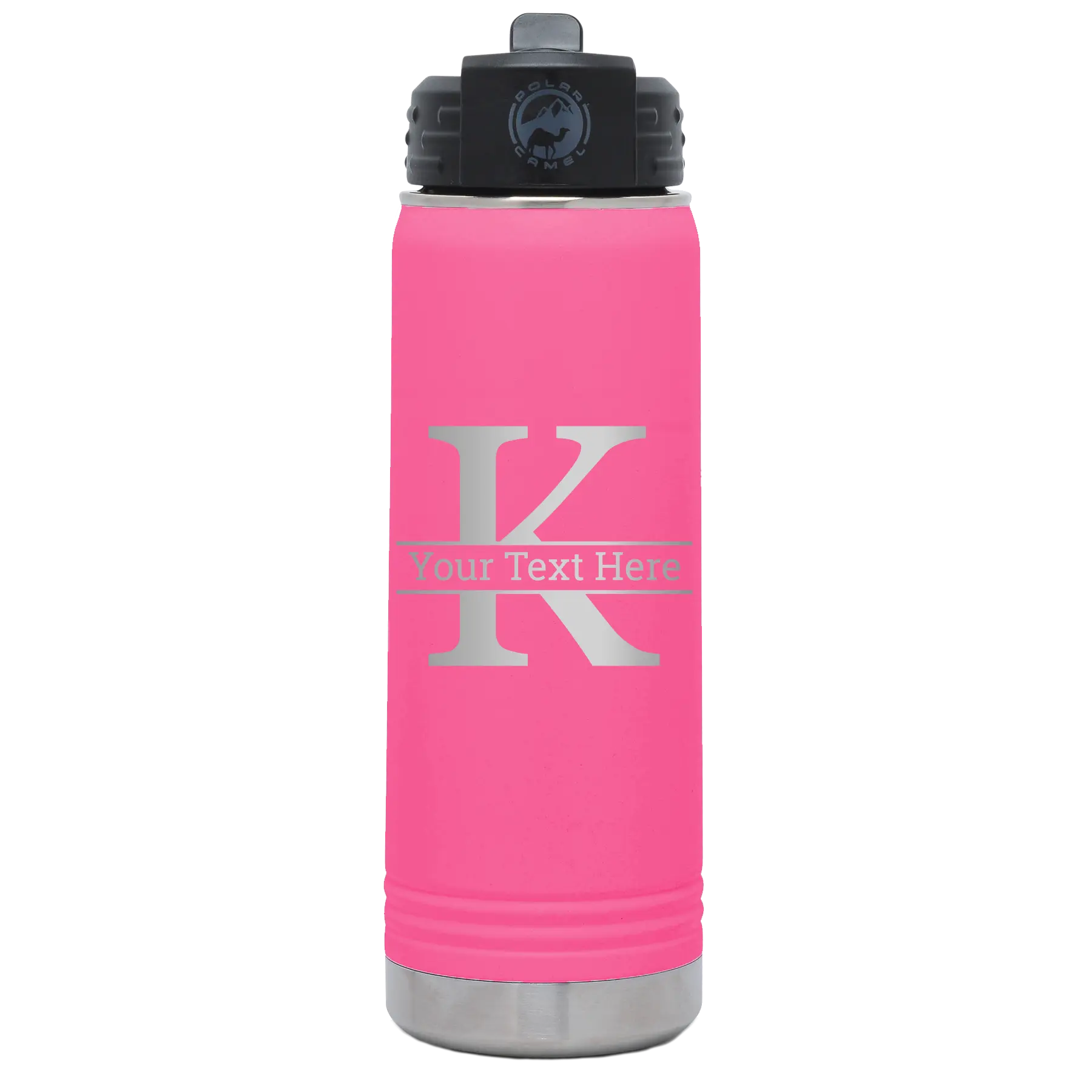 Personalized pink 20 oz vacuum insulated water bottle with 'Monogram letter K' design