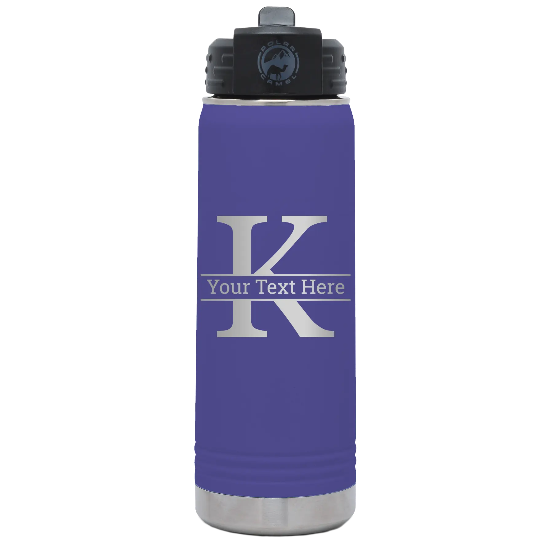 Personalized purple 20 oz vacuum insulated water bottle with 'Monogram letter K' design