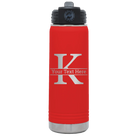 Personalized red 20 oz vacuum insulated water bottle with 'Monogram letter K' design