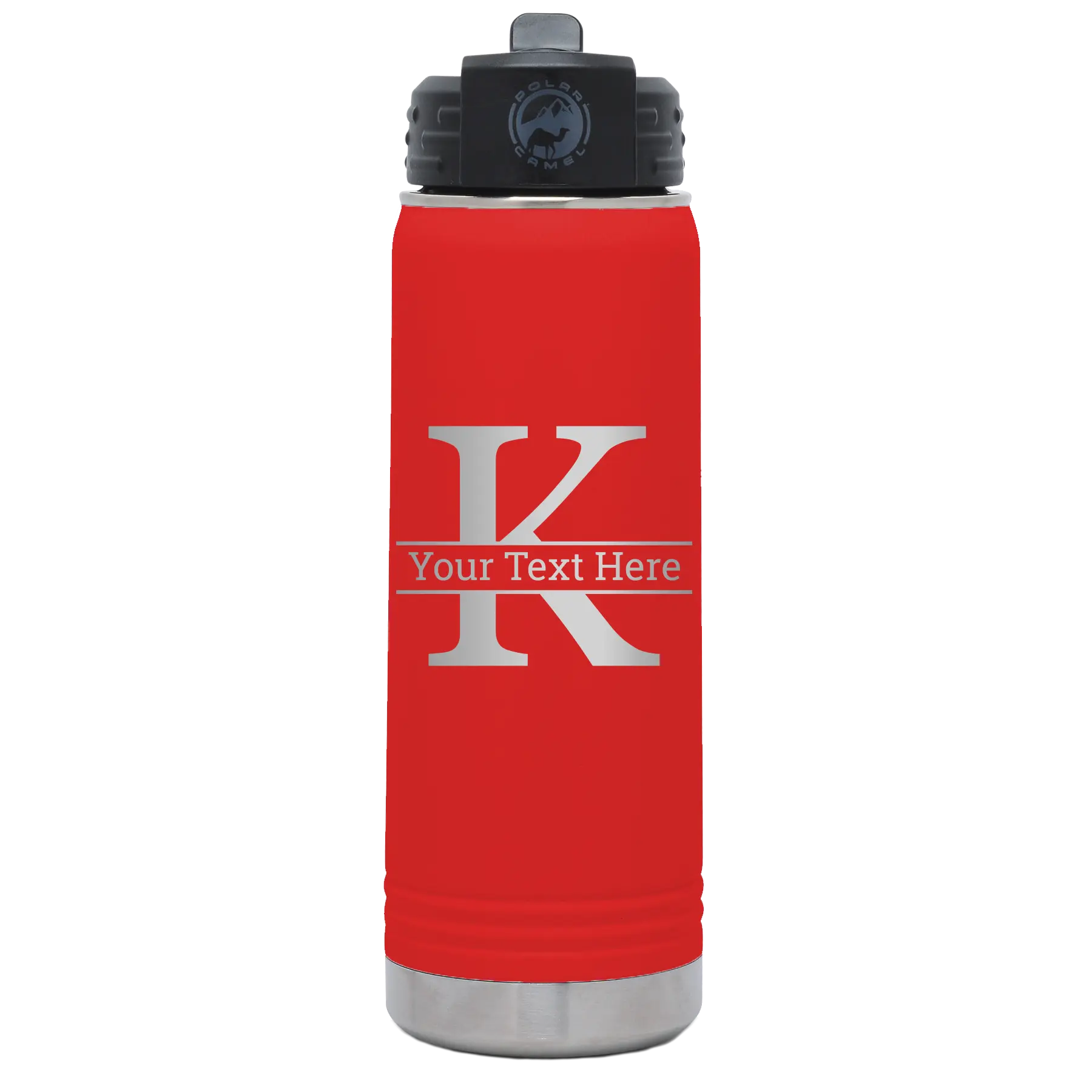 Personalized red 20 oz vacuum insulated water bottle with 'Monogram letter K' design