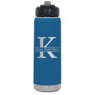 Personalized royal blue 20 oz vacuum insulated water bottle with 'Monogram letter K' design