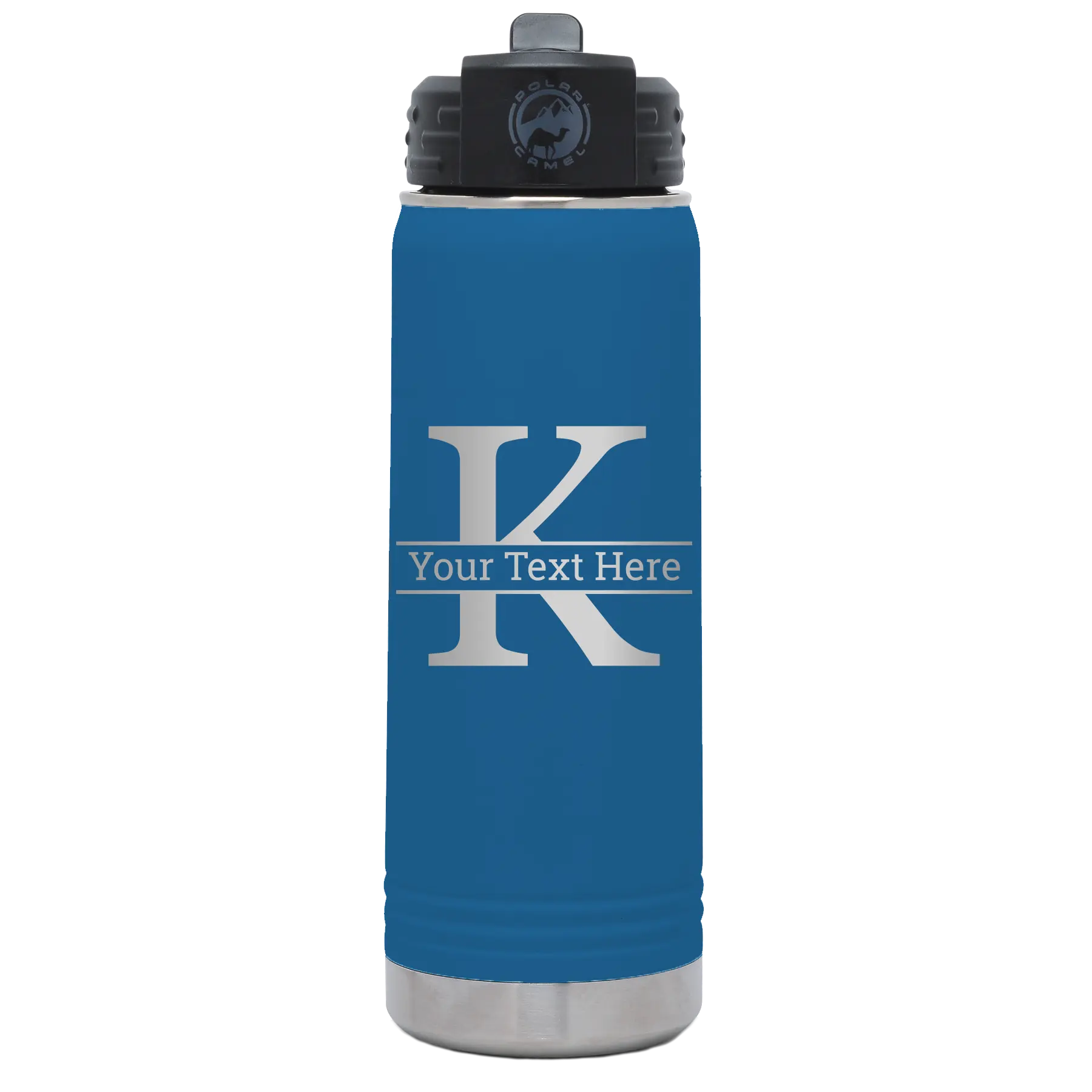 Personalized royal blue 20 oz vacuum insulated water bottle with 'Monogram letter K' design