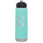 Personalized teal 20 oz vacuum insulated water bottle with 'Monogram letter K' design