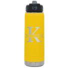 Personalized yellow 20 oz vacuum insulated water bottle with 'Monogram letter K' design