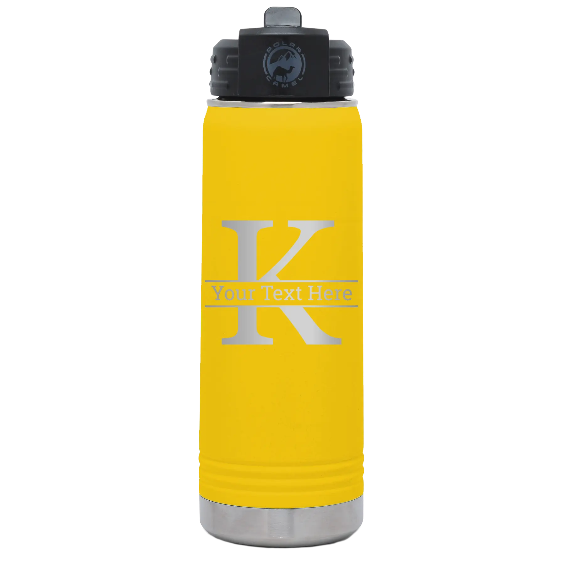 Personalized yellow 20 oz vacuum insulated water bottle with 'Monogram letter K' design
