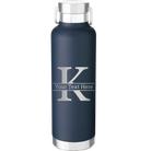 Personalized navy 24 oz vacuum insulated water bottle with 'Monogram letter K' design