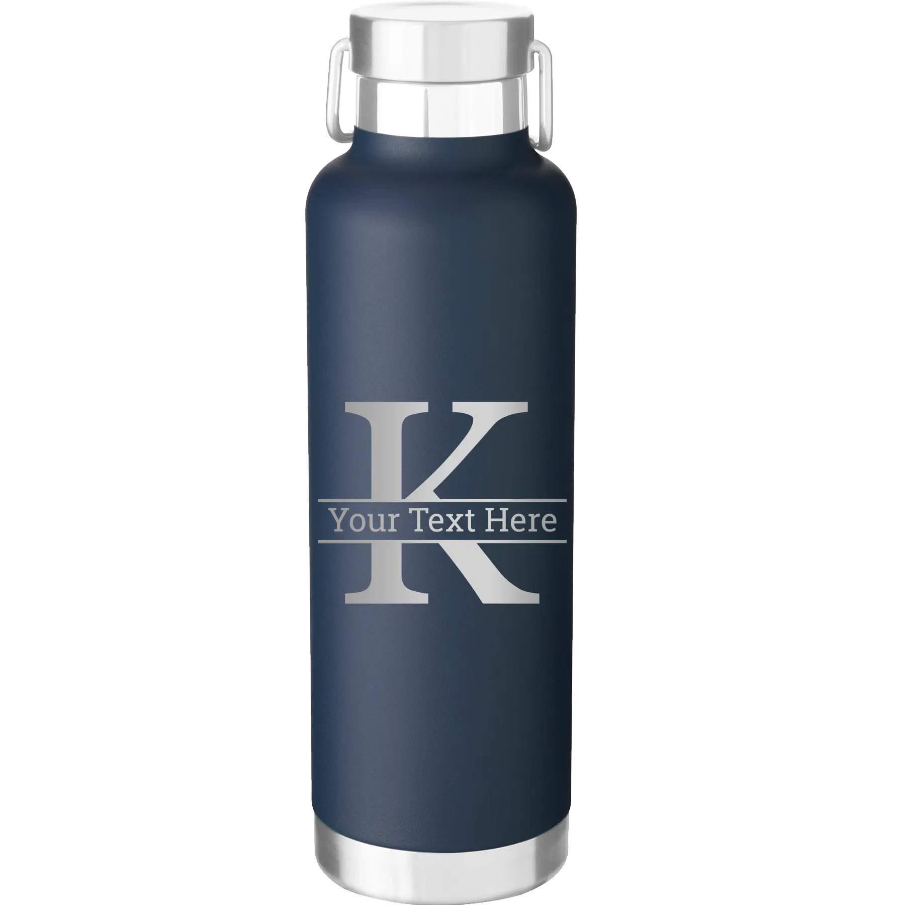Personalized navy 24 oz vacuum insulated water bottle with 'Monogram letter K' design