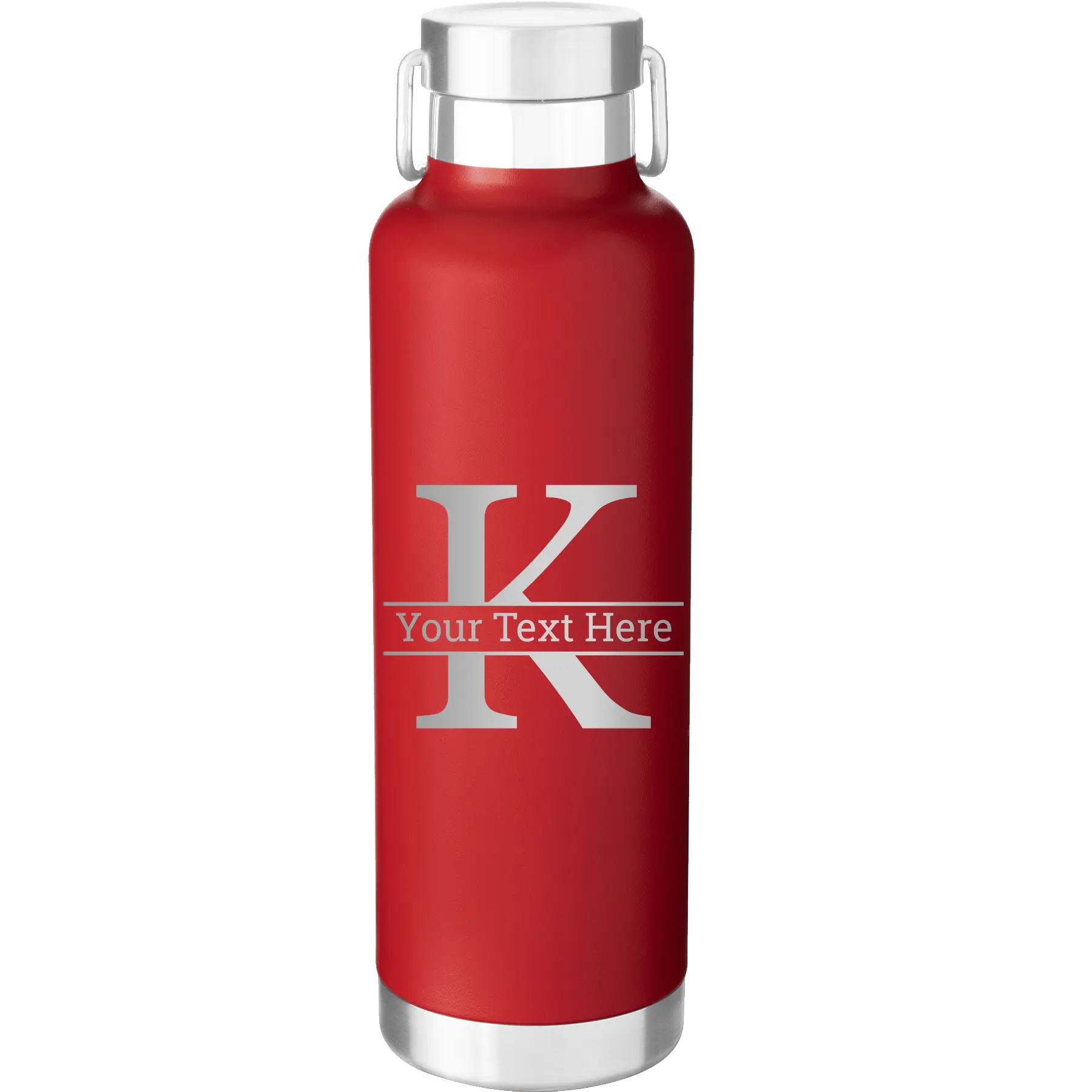 Personalized red 24 oz vacuum insulated water bottle with 'Monogram letter K' design