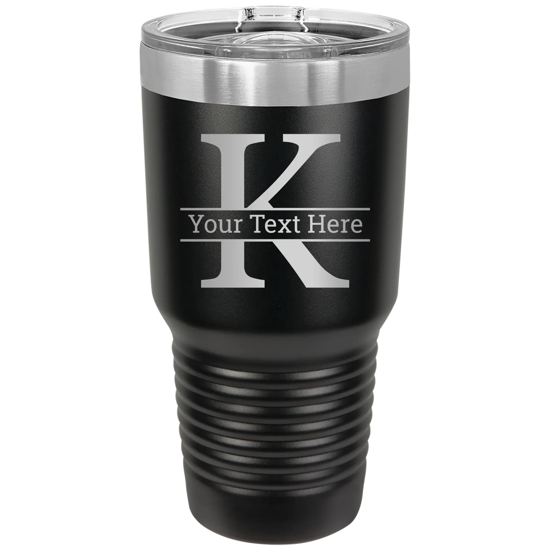 Personalized black 30 oz vacuum insulated tumbler with 'Monogram letter K' design